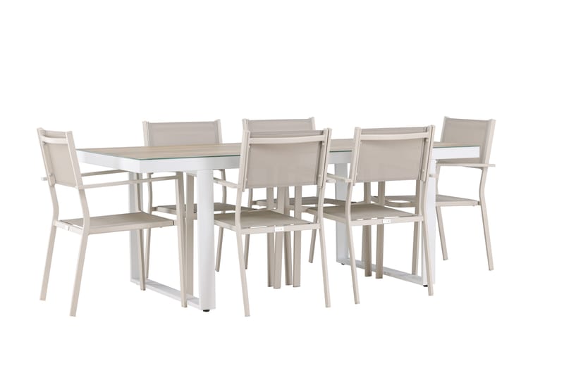 MERLO Matgrupp Utomhus 200 cm + 6 st Copacabana Matstolar Beige/Vit - Utemöbler - Utegrupp - Matgrupper utomhus