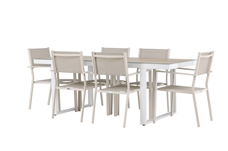MERLO Matgrupp Utomhus 200 cm + 6 st Copacabana Matstolar Beige/Vit - Utemöbler - Utegrupp - Matgrupper utomhus