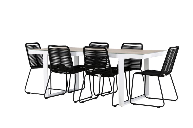 Merlo Matgrupp Utomhus 200 cm + 6 st Linero Matstolar Svart/Vit - Utemöbler - Utegrupp - Matgrupper utomhus