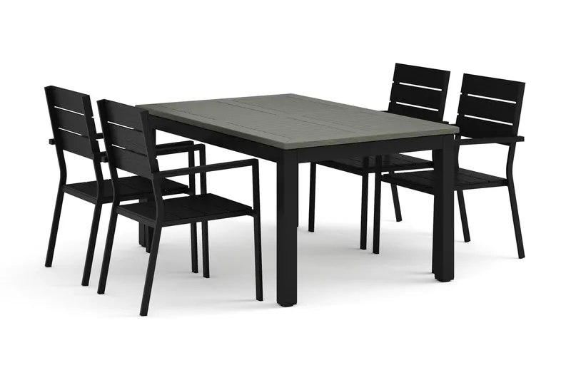 Monaco utomhus matgrupp förlängningsbart 150-250x90 med 4 Tunis stapelstolar, Svart/Grå