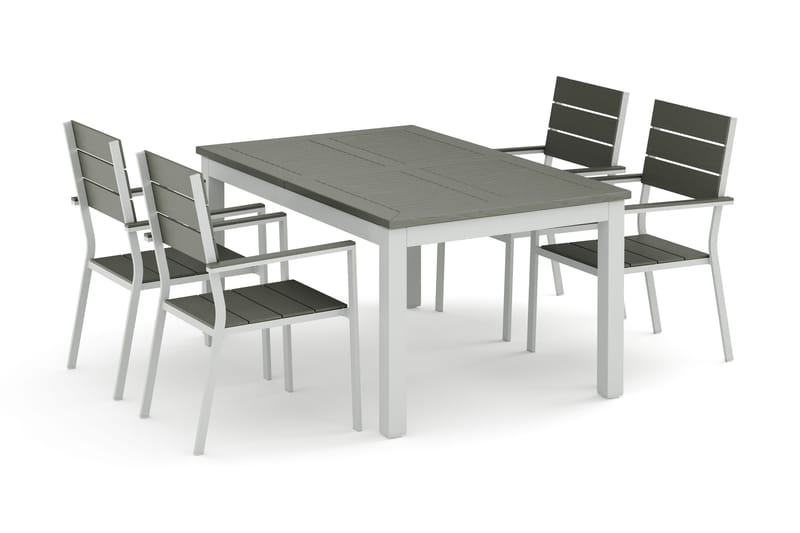 Monaco utomhus matgrupp förlängningsbart 150-250x90 med 4 Tunis stapelstolar, Vit/Grå