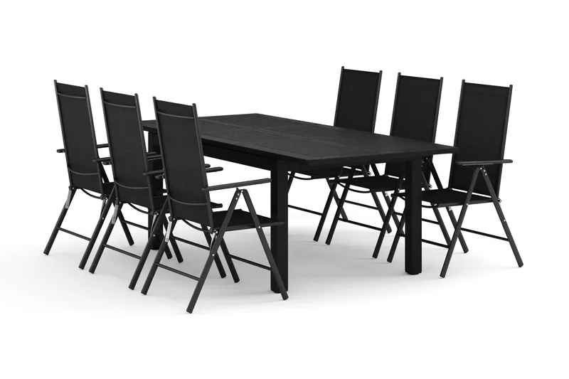 Monaco utomhus matgrupp förlängningsbart 150-250x90 med 6 Maggie positionsstolar, Svart/Grå