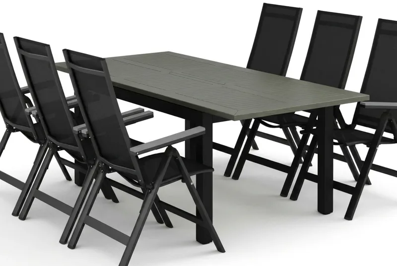 Monaco utomhus matgrupp förlängningsbart 150-250x90 med 6 Monaco Light positionsstolar - Svart/Grå - Utemöbler - Utegrupp - Matgrupper utomhus