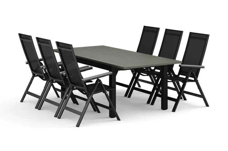 Monaco utomhus matgrupp förlängningsbart 150-250x90 med 6 Monaco Light positionsstolar - Svart/Grå - Utemöbler - Utegrupp - Matgrupper utomhus