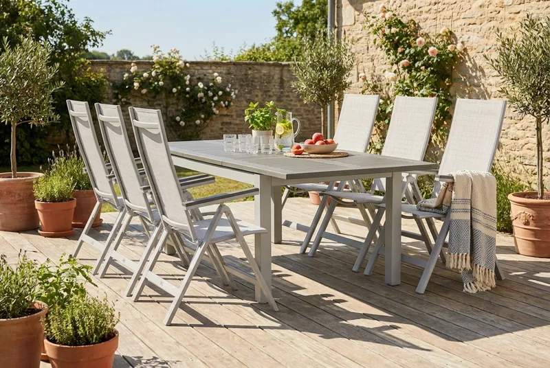 Monaco utomhus matgrupp förlängningsbart 150-250x90 med 6 Monaco Light positionsstolar - Vit/Grå - Utemöbler - Utegrupp - Matgrupper utomhus