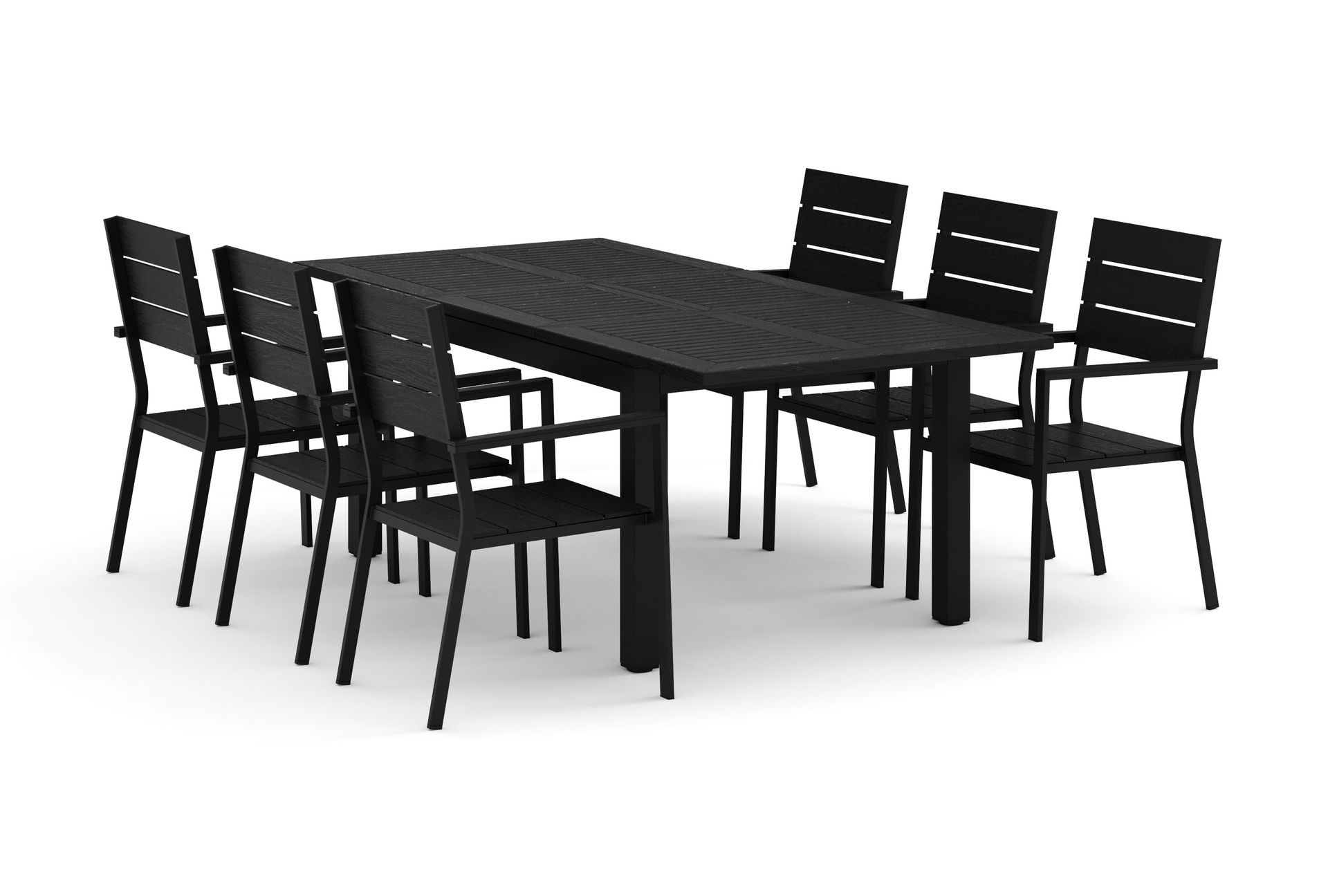 Monaco utomhus matgrupp f&ouml;rl&auml;ngningsbart 150-250x90 med 6 Tunis stapelstolar - Svart/Gr&aring;