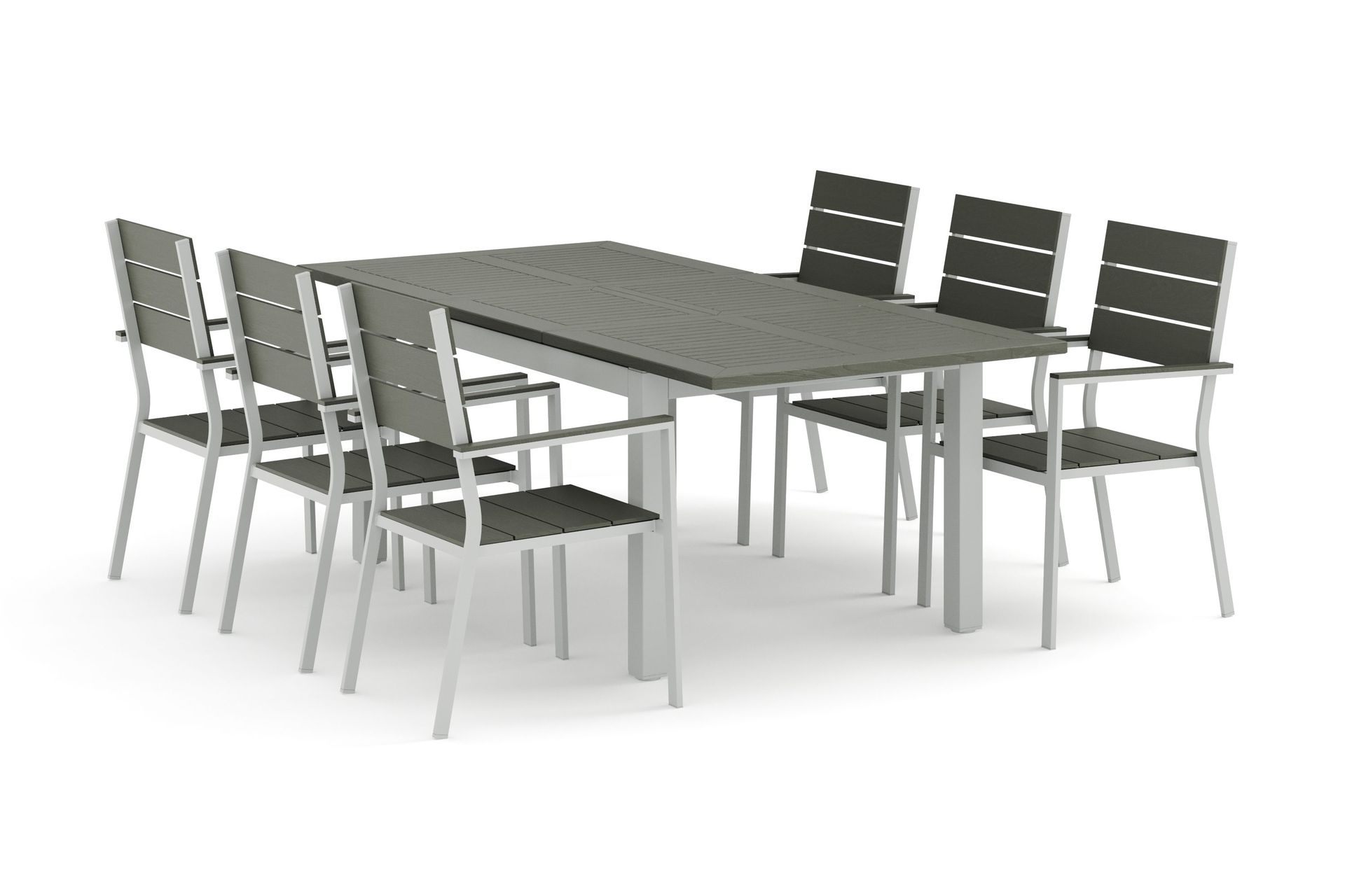 monaco utomhus matgrupp förlängningsbart 150-250x90 med 6 tunis stapelstolar - vit/grå