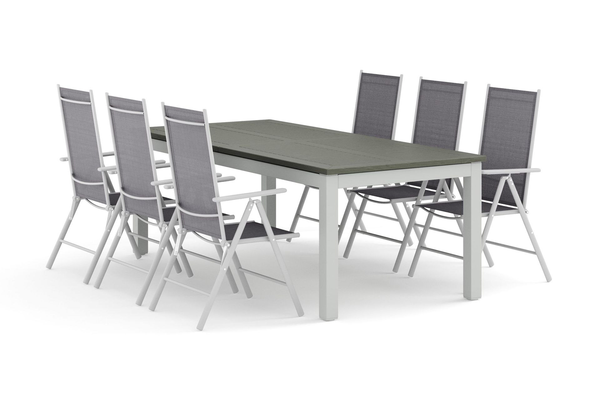 monaco utomhus matgrupp förlängningsbart 210/310x90 med 6 maggie positionsstolar - vit/grå