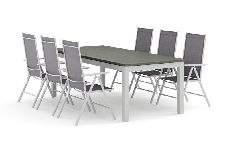 Monaco utomhus matgrupp förlängningsbart 210/310x90 med 6 Maggie positionsstolar, Vit/Grå