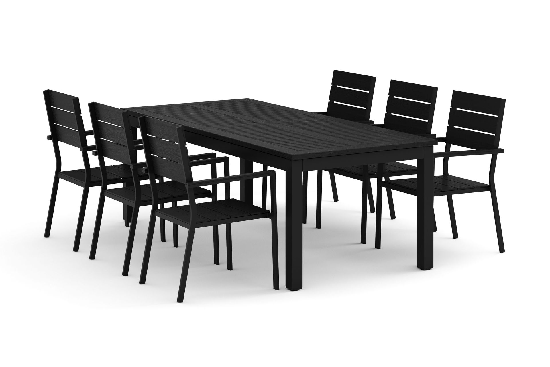 monaco utomhus matgrupp förlängningsbart 210/310x90 med 6 tunis stapelstolar - svart/grå