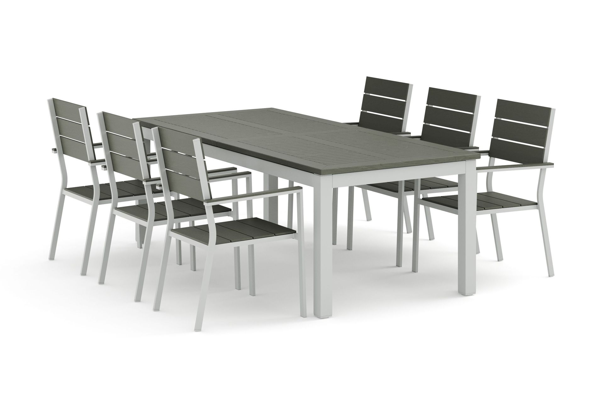monaco utomhus matgrupp förlängningsbart 210/310x90 med 6 tunis stapelstolar - vit/grå