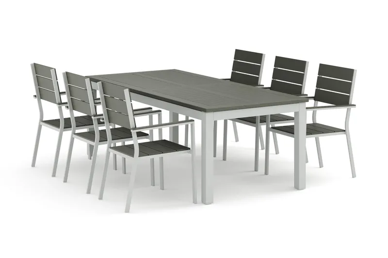 Monaco utomhus matgrupp förlängningsbart 210/310x90 med 6 Tunis stapelstolar, Vit/Grå