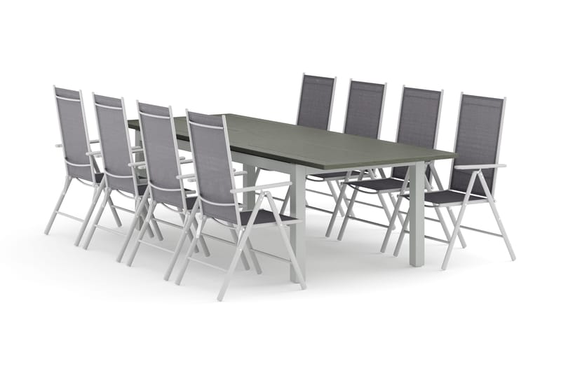 Monaco utomhus matgrupp förlängningsbart 210/310x90 med 8 Maggie positionsstolar, Vit/Grå