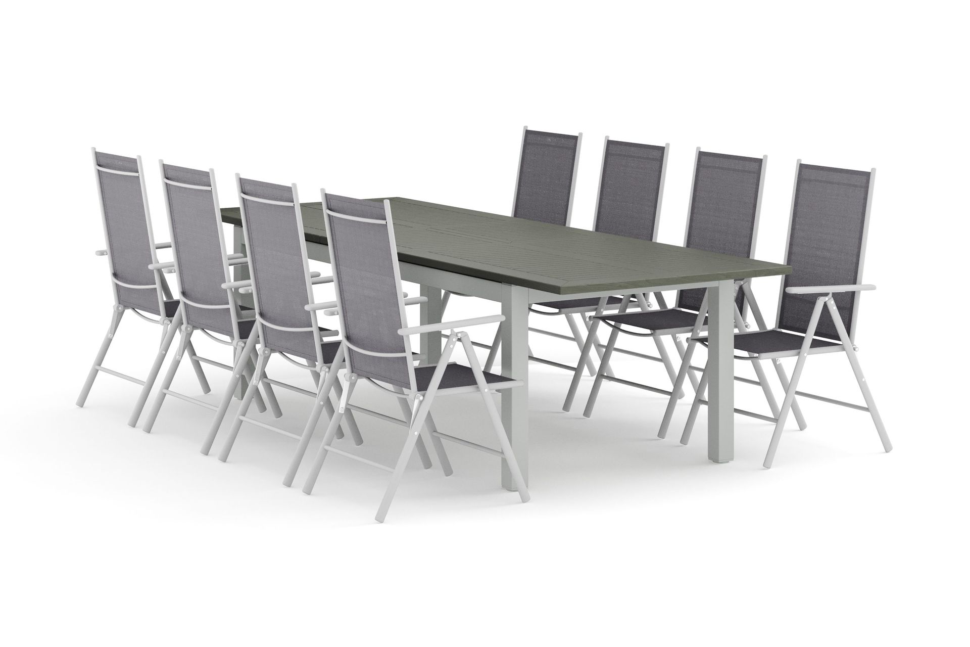 Monaco utomhus matgrupp f&ouml;rl&auml;ngningsbart 210/310x90 med 8 Maggie positionsstolar - Vit/Gr&aring;