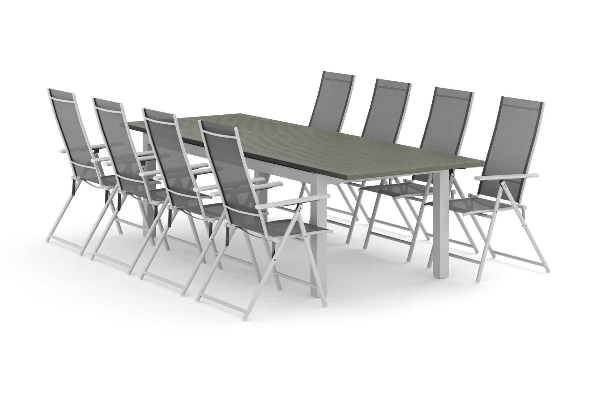 Monaco utomhus matgrupp f&ouml;rl&auml;ngningsbart 210/310x90 med 8 Sanna positionsstolar - Vit/Gr&aring;