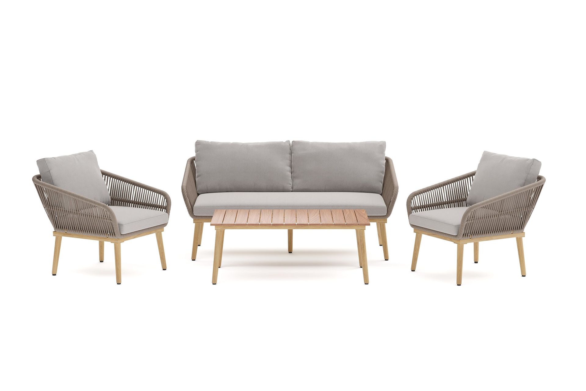 morrocco 4-sits soffgrupp utomhus med grå dynor och soffbord med trä utseende - brun