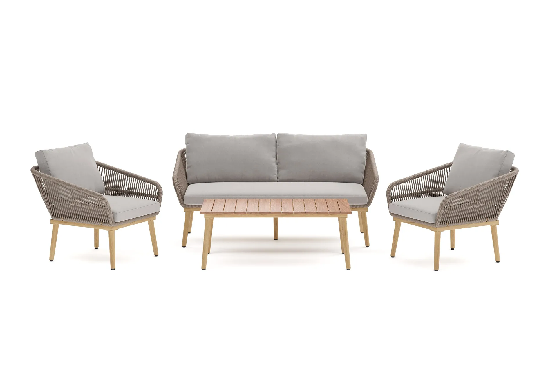 morrocco 4-sits soffgrupp utomhus med grå dynor och soffbord med trä utseende - brun