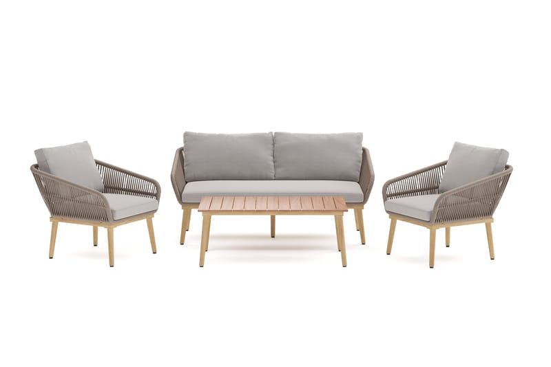 Morrocco 4-sits Soffgrupp utomhus med grå dynor och soffbord med trä utseende, Brun