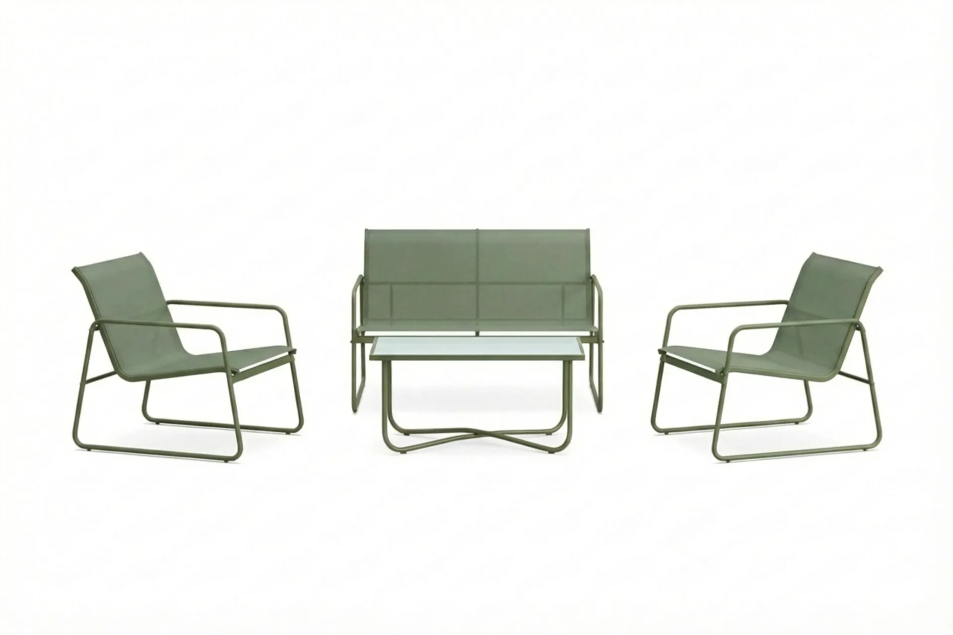 pelanda loungegrupp  - soffa och 2 fåtöljer i stål soffbord med frostad glasskiva - grön
