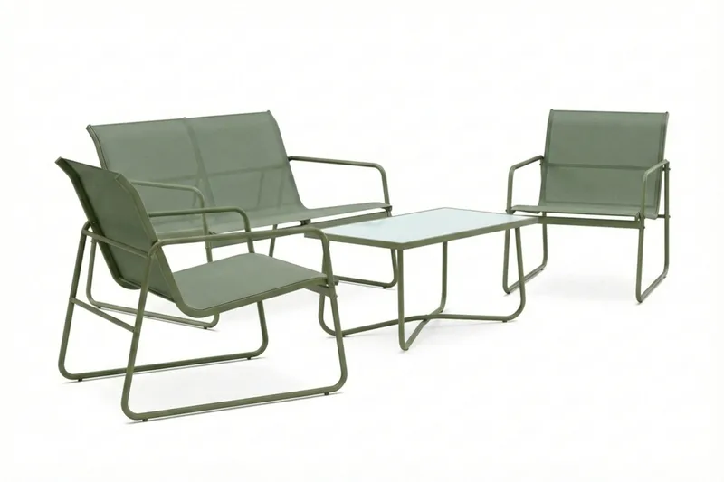 Pelanda Loungegrupp  - Soffa och 2 fåtöljer i stål soffbord med frostad glasskiva - Grön - Utemöbler - Utegrupp - Loungegrupp