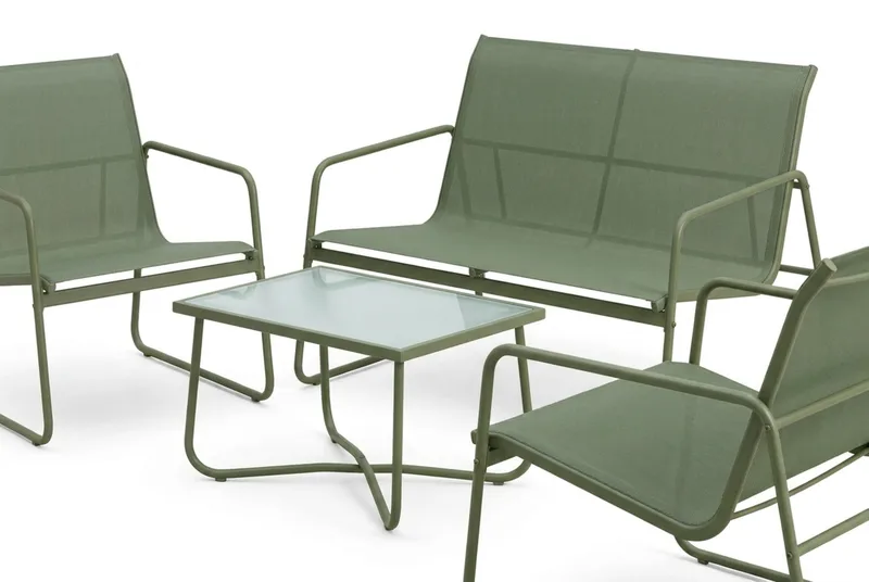 Pelanda Loungegrupp  - Soffa och 2 fåtöljer i stål soffbord med frostad glasskiva - Grön - Utemöbler - Utegrupp - Loungegrupp