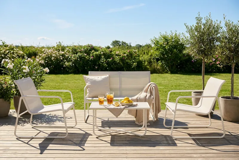 Pelanda Loungegrupp  - Soffa och 2 fåtöljer i stål soffbord med frostad glasskiva - Ljusbeige - Utemöbler - Utegrupp - Loungegrupp