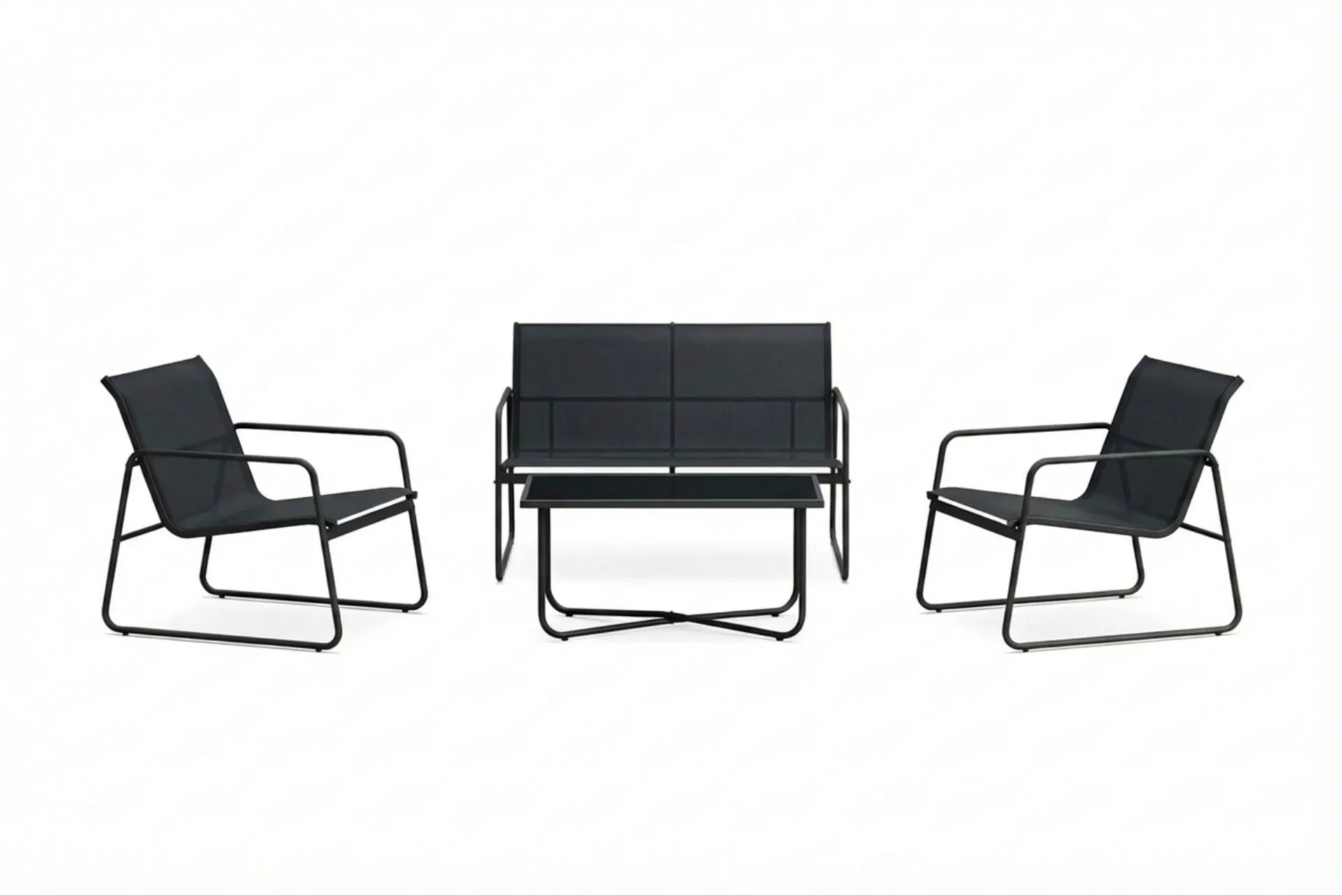 pelanda loungegrupp  - soffa och 2 fåtöljer i stål soffbord med frostad glasskiva - svart