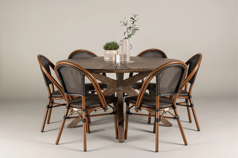 Rosario Matgrupp Rund 140 cm + 6 st Guarda Matstolar Svart/Brun - Utemöbler - Utegrupp - Matgrupper utomhus