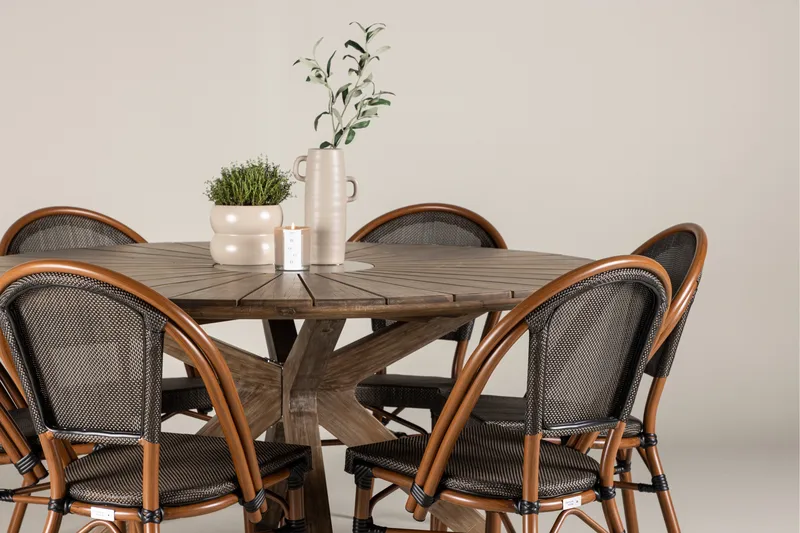 Rosario Matgrupp Rund 140 cm + 6 st Guarda Matstolar Svart/Brun - Utemöbler - Utegrupp - Matgrupper utomhus