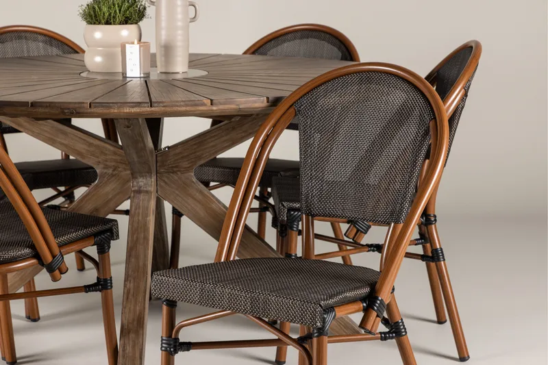 Rosario Matgrupp Rund 140 cm + 6 st Guarda Matstolar Svart/Brun - Utemöbler - Utegrupp - Matgrupper utomhus