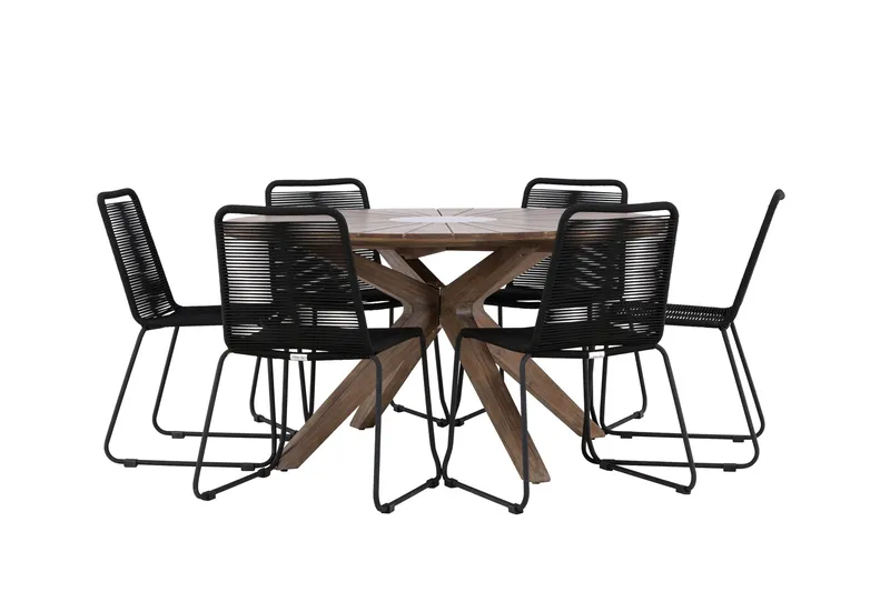 Rosario Matgrupp Rund 140 cm + 6 st Linero Matstolar Svart/Brun - Utemöbler - Utegrupp - Matgrupper utomhus