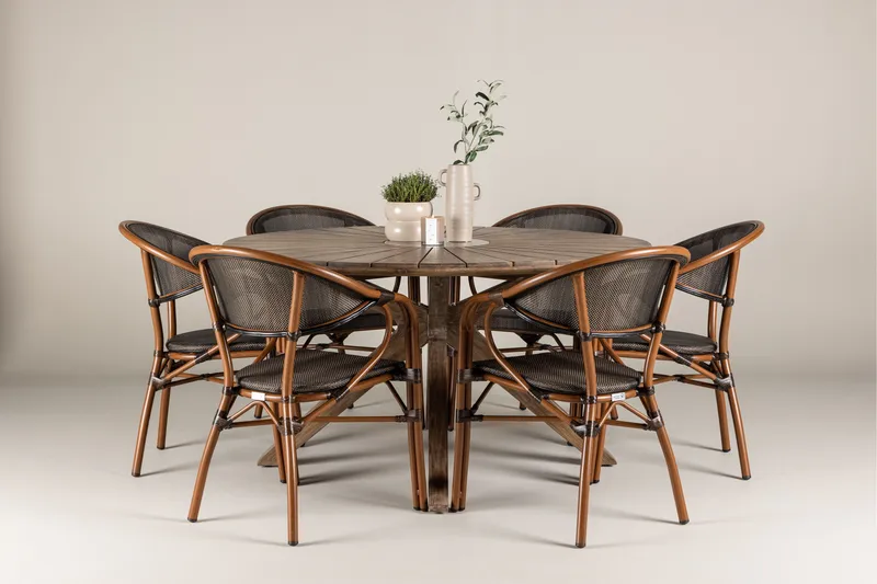 Rosario Matgrupp Rund 140 cm + 6 st Vila Matstolar Svart/Brun - Utemöbler - Utegrupp - Matgrupper utomhus