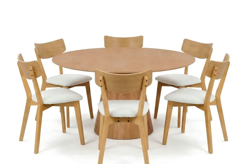 Siena Matgrupp 150 cm runt i Ek med 6 Amelia Matstolar med Dyna, Ek/Beige
