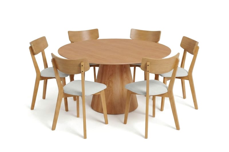 Siena Matgrupp 150 cm runt i Ek med 6 Amelia Matstolar med Dyna - Ek/Beige - Utemöbler - Utegrupp - Matgrupper utomhus