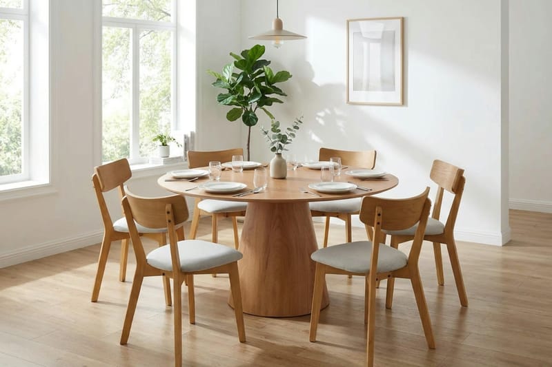 Siena Matgrupp 150 cm runt i Ek med 6 Amelia Matstolar med Dyna - Ek/Beige - Utemöbler - Utegrupp - Matgrupper utomhus