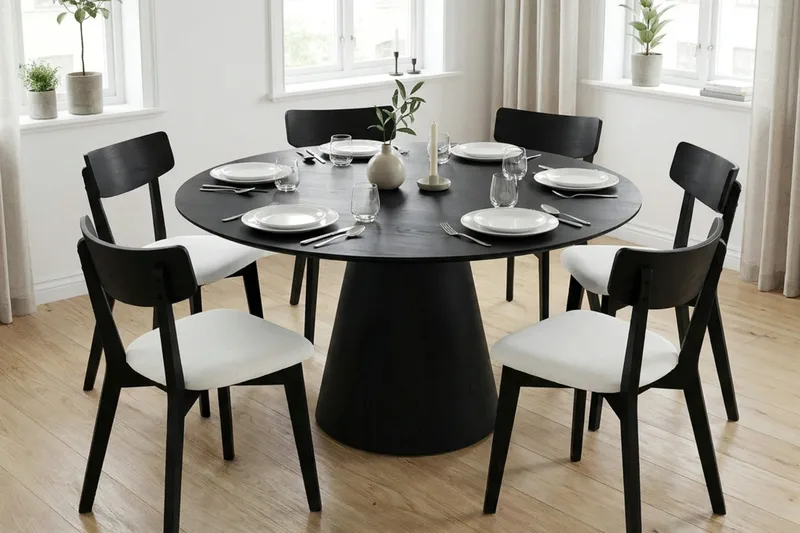 Siena Matgrupp 150 cm runt i Svart med 6 Amelia Matstolar med Dyna - Svart/Beige - Utemöbler - Utegrupp - Matgrupper utomhus