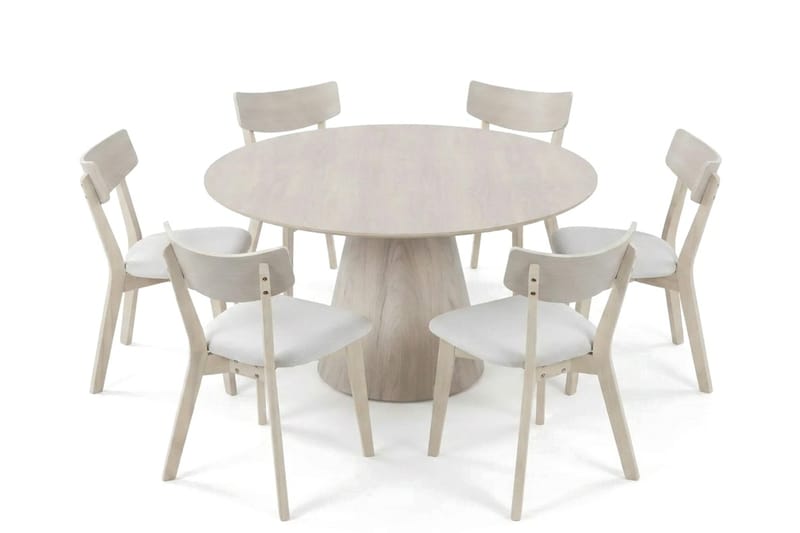 Siena Matgrupp 150 cm runt Vitlaserad med 6 Amelia Matstolar med Dyna - Vitlaserad/Beige - Utemöbler - Utegrupp - Matgrupper utomhus