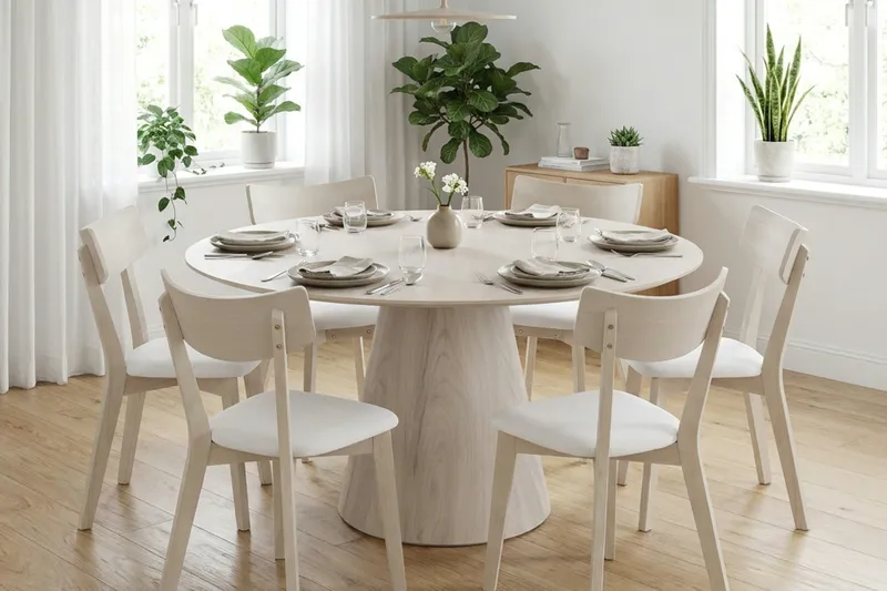 Siena Matgrupp 150 cm runt Vitlaserad med 6 Amelia Matstolar med Dyna - Vitlaserad/Beige - Utemöbler - Utegrupp - Matgrupper utomhus