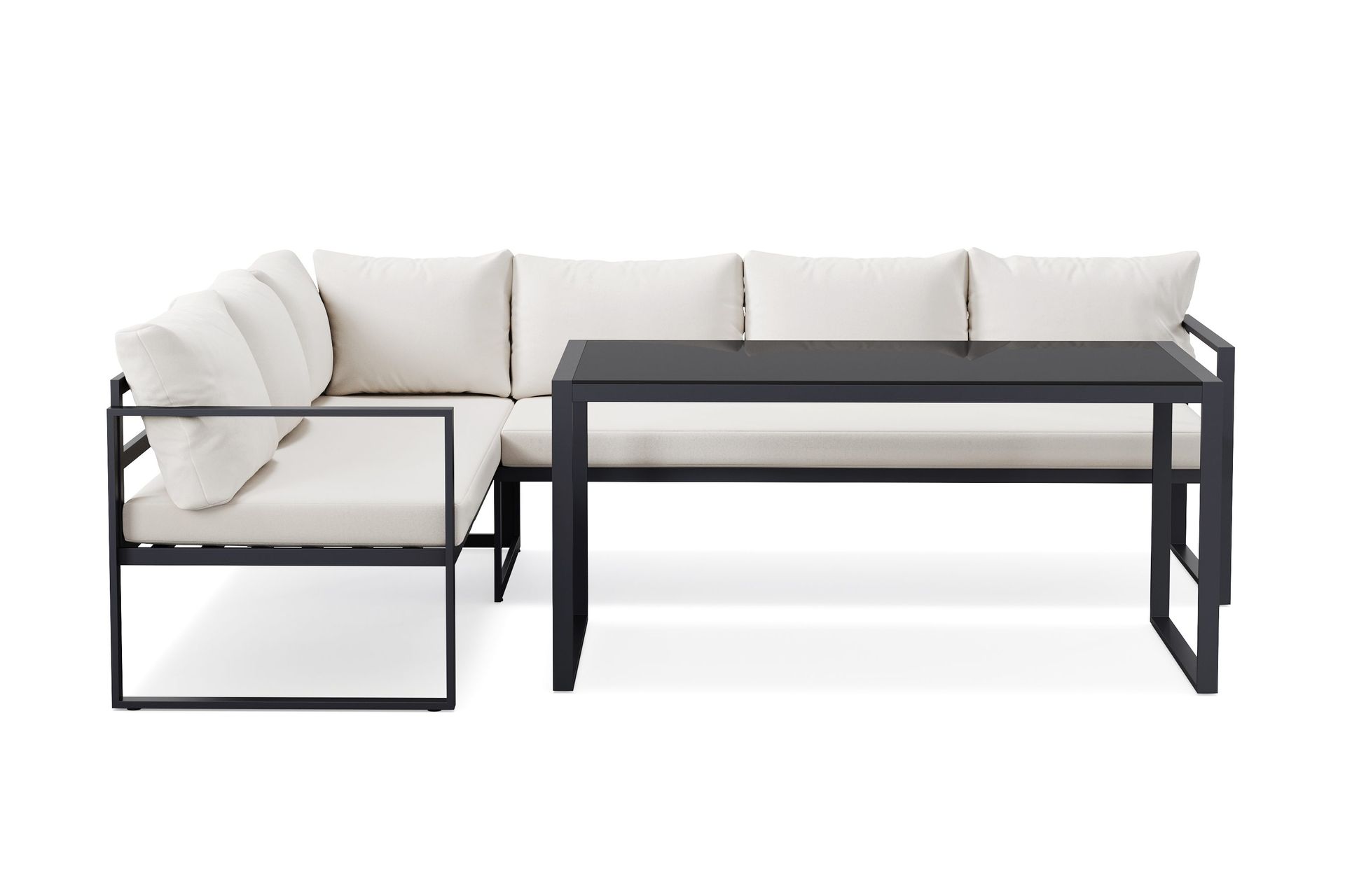 silvia loungegrupp i metall utomhus med soffbord med glasskiva och soffa med vita dynor - svart