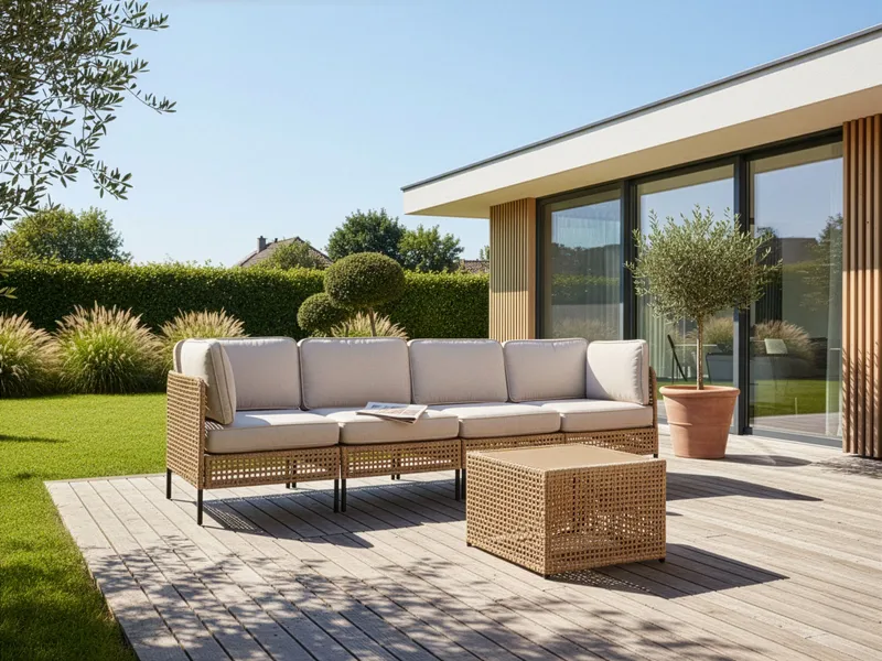 Soffa utomhus med Bord 4-Sits Omegana Modulär Konstrotting - Beige/Svart - Utemöbler - Utegrupp - Loungegrupp