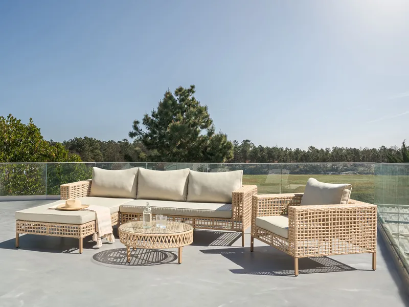 Soffgrupp utomhus med Bord 4-Sits Calasetta Högervänd Konstrotting - Beige - Utemöbler - Utegrupp - Loungegrupp