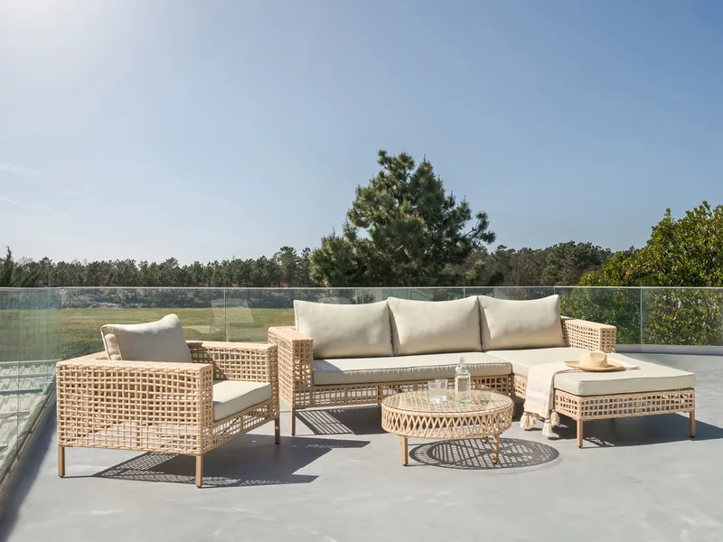 Soffgrupp utomhus med Bord 4-Sits Calasetta Vänstervänd Konstrotting - Beige - Utemöbler - Utegrupp - Loungegrupp