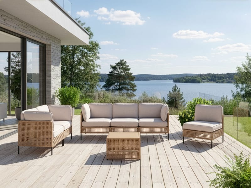 Soffgrupp utomhus med Bord 6-Sits Omegana Modulär Konstrotting - Beige/Svart - Utemöbler - Utegrupp - Loungegrupp