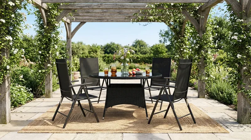 Thor utomhus rund matgrupp 140 cm med 4 Maggie positionsstolar - Svart - Utemöbler - Utegrupp - Matgrupper utomhus