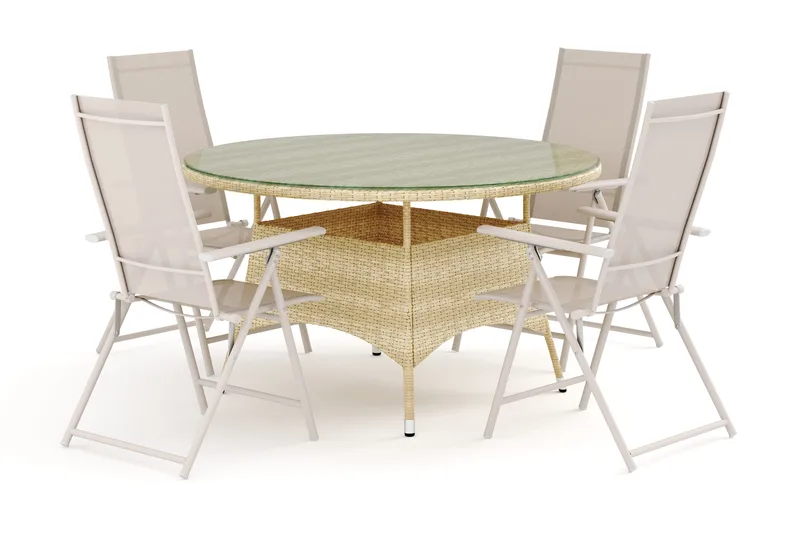 Thor utomhus rund matgrupp 140 cm med 4 Sanna positionsstolar, Beige