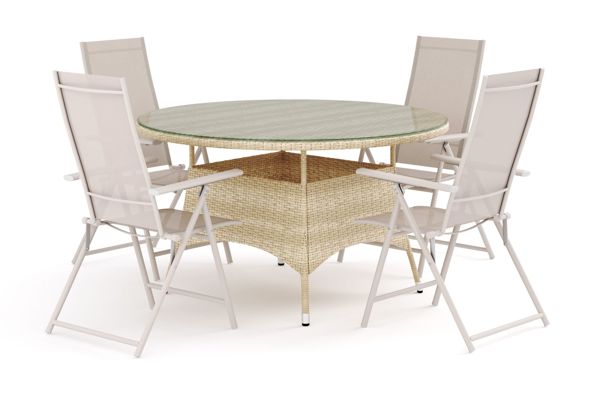 Thor utomhus rund matgrupp 140 cm med 4 Sanna positionsstolar - Beige