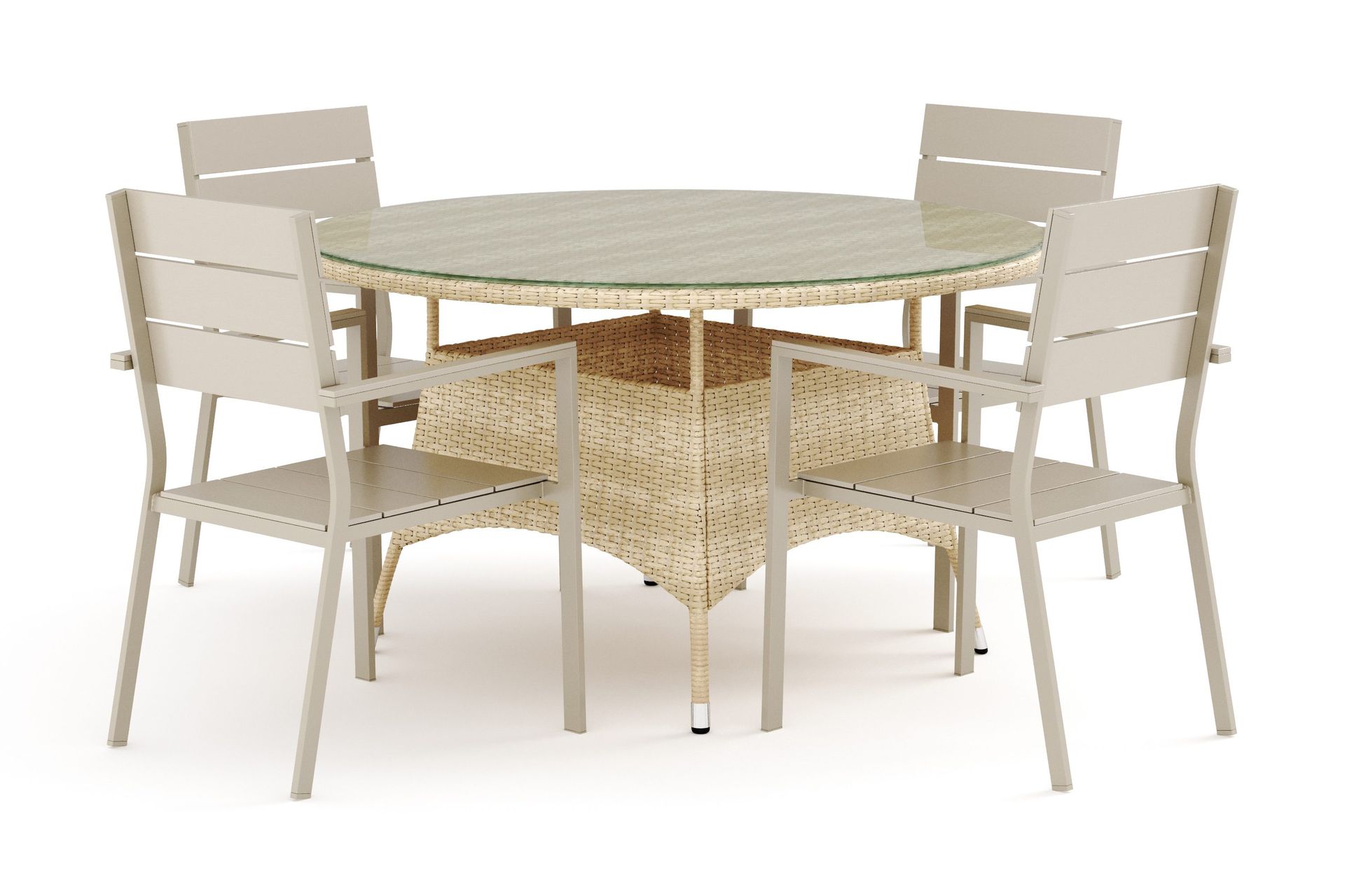 Thor utomhus rund matgrupp 140 cm med 4 Tunis stapelstolar - Beige