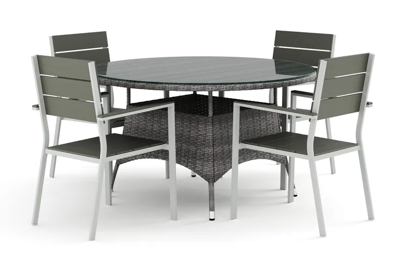 Thor utomhus rund matgrupp 140 cm med 4 Tunis stapelstolar, Grå