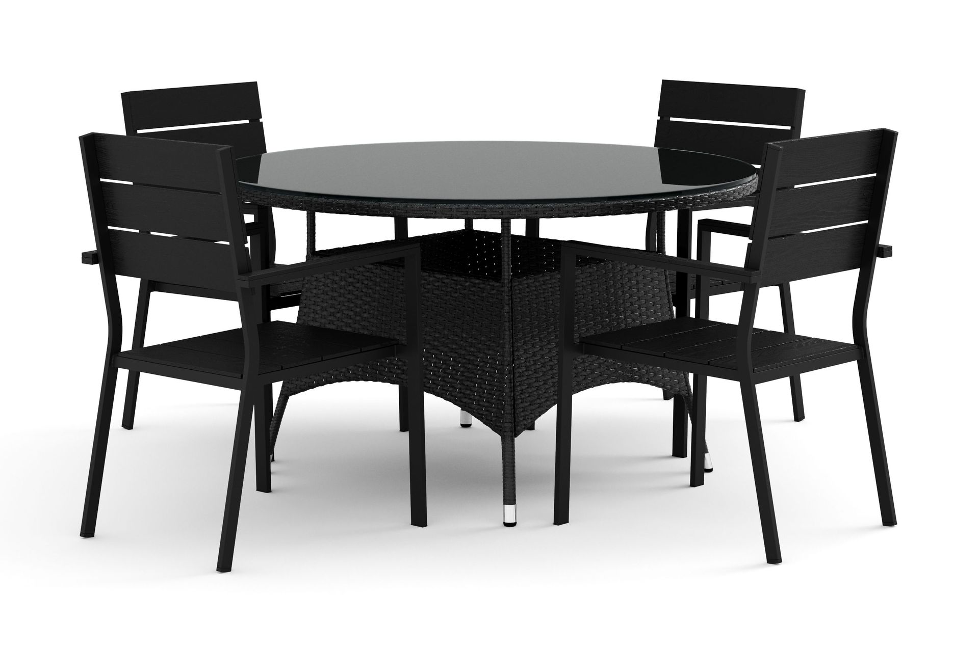 Thor utomhus rund matgrupp 140 cm med 4 Tunis stapelstolar - Svart