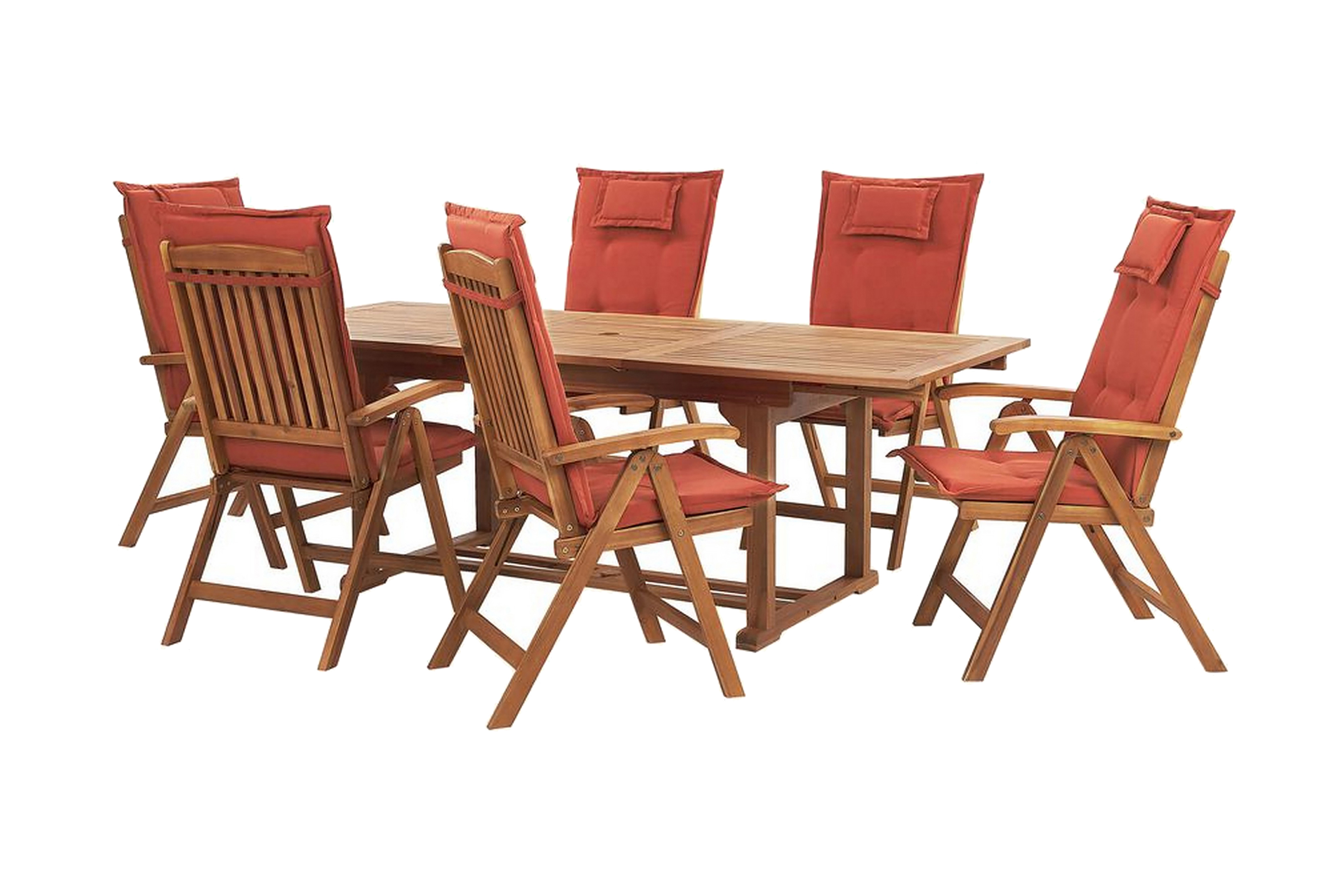 Trädgårdsmöbelset av bord och 6 stolar röd JAVA – Trä/natur